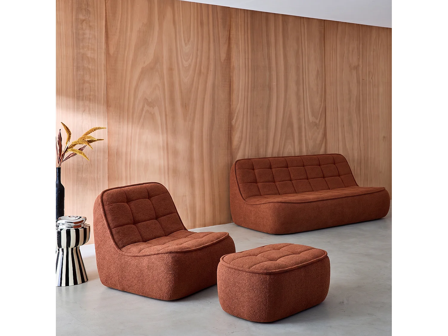 Sofá modular de borreguito texturizada con reposapiés, 3 plazas