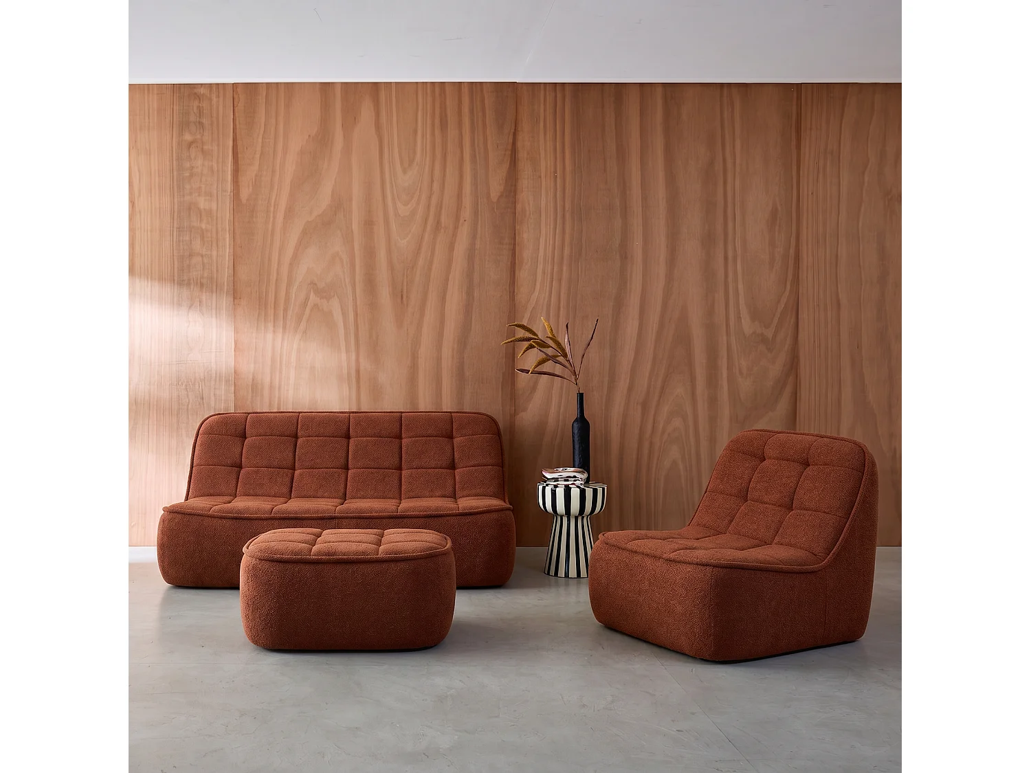 Sofá modular de borreguito texturizada con reposapiés, 3 plazas