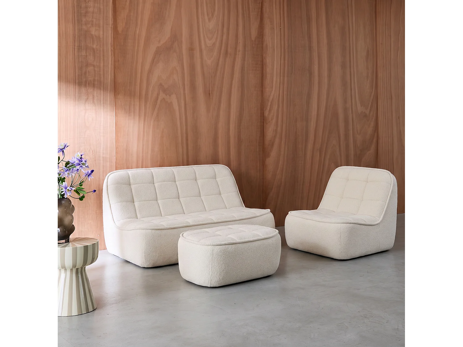 Sofá modular de borreguito texturizada con reposapiés, 3 plazas blanco