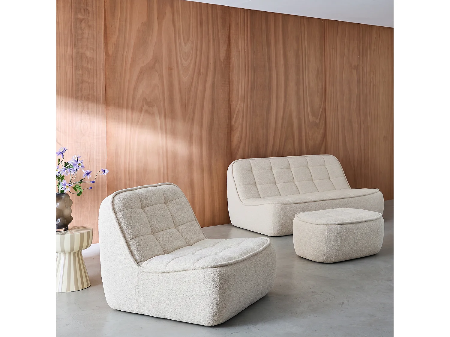 Sofá modular de borreguito texturizada con reposapiés, 3 plazas blanco