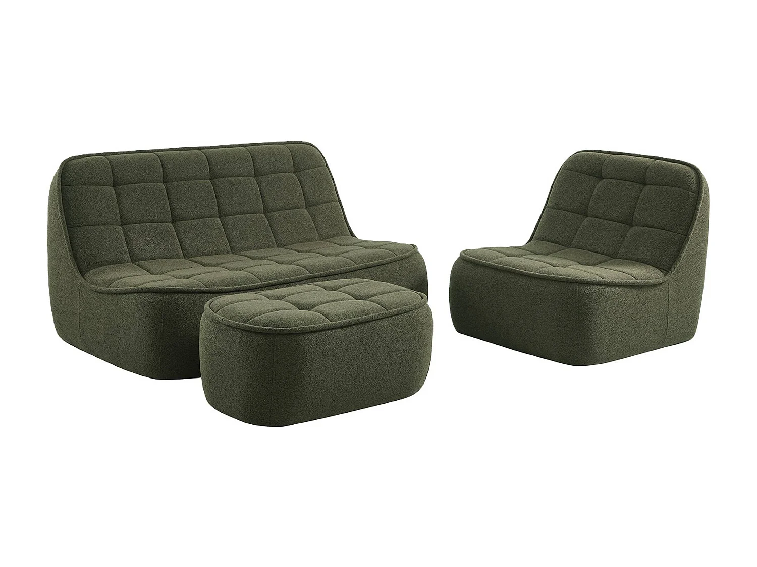 Sofá modular de borreguito texturizada con reposapiés, 3 plazas verde
