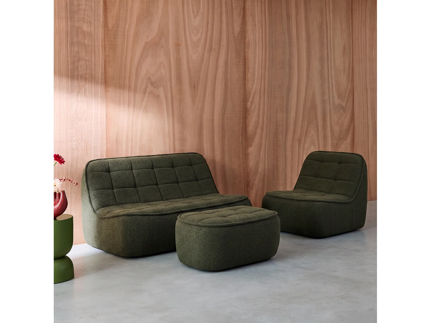 Sofá modular de borreguito texturizada con reposapiés, 3 plazas verde