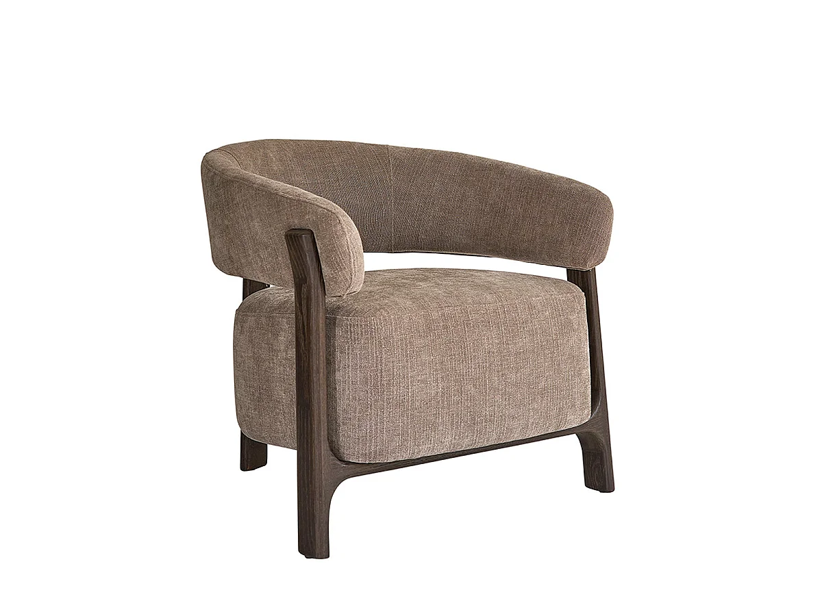 Poltrona in legno massello, finitura in noce, tessuto chenille tortora