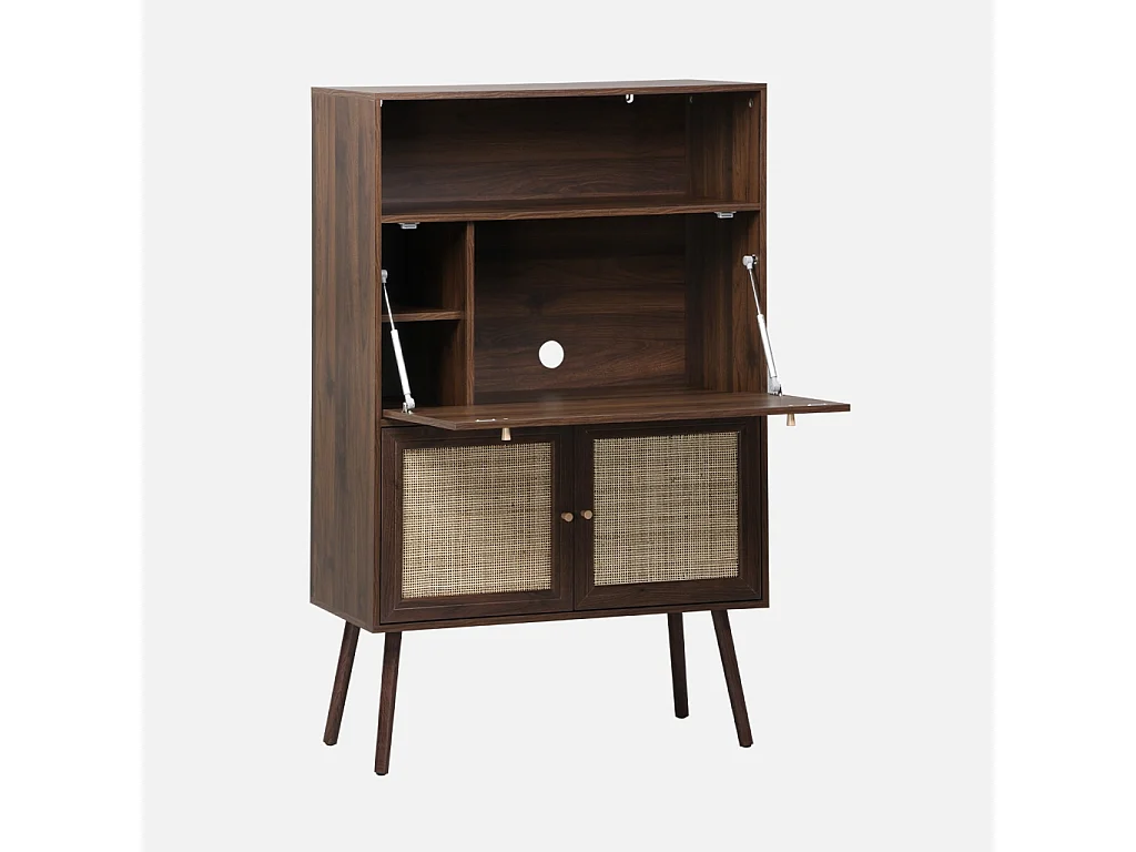 Scrittoio effetto legno e canna da zucchero, 2 ante con ripiani, noce