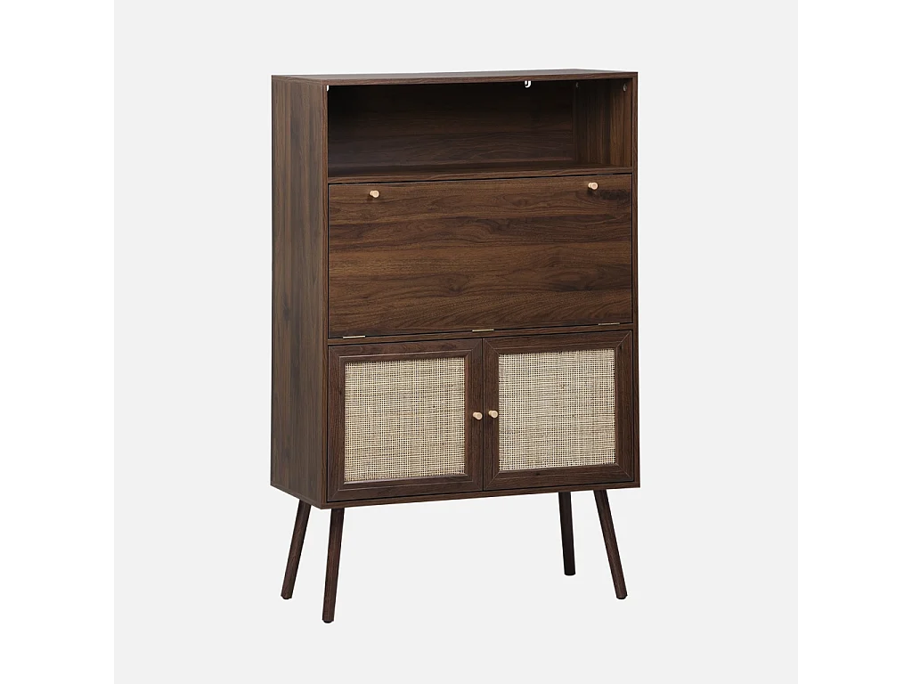 Scrittoio effetto legno e canna da zucchero, 2 ante con ripiani, noce