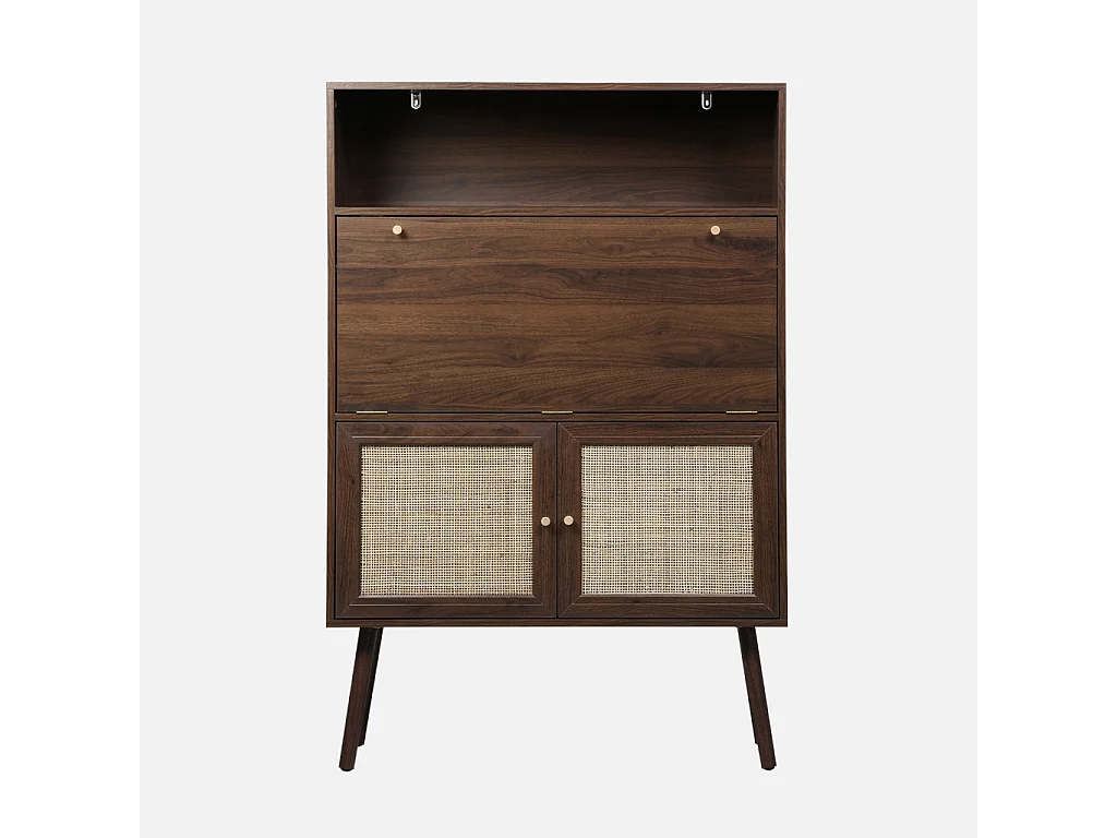 Scrittoio effetto legno e canna da zucchero, 2 ante con ripiani, noce