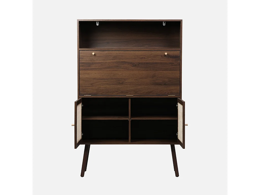 Scrittoio effetto legno e canna da zucchero, 2 ante con ripiani, noce