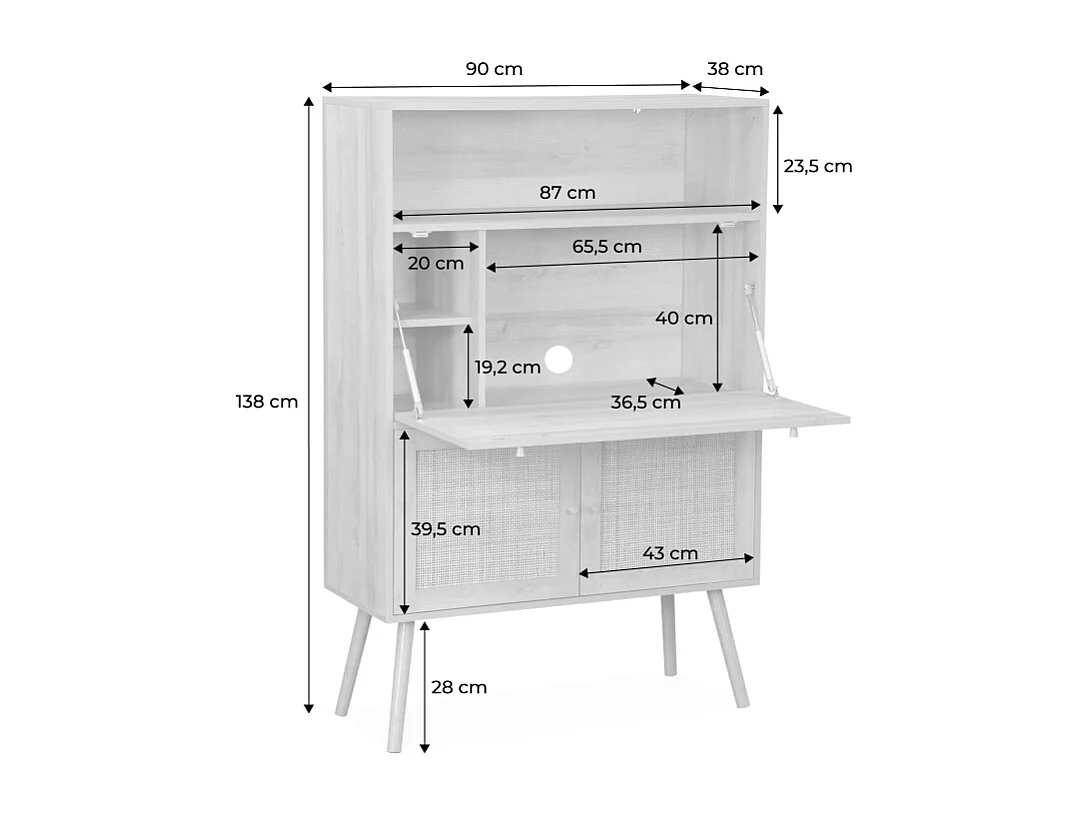 Scrittoio effetto legno e canna da zucchero, 2 ante con ripiani, noce