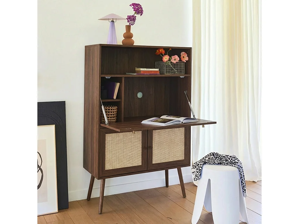 Scrittoio effetto legno e canna da zucchero, 2 ante con ripiani, noce