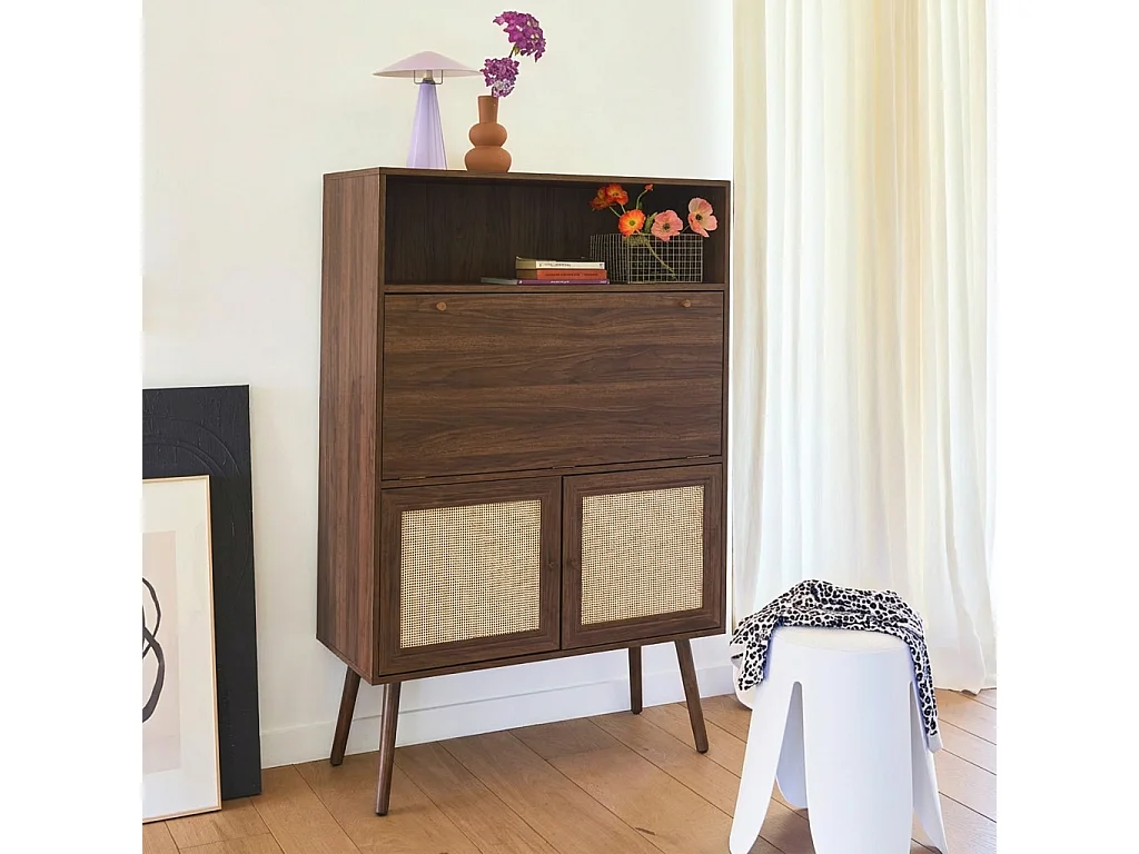 Scrittoio effetto legno e canna da zucchero, 2 ante con ripiani, noce