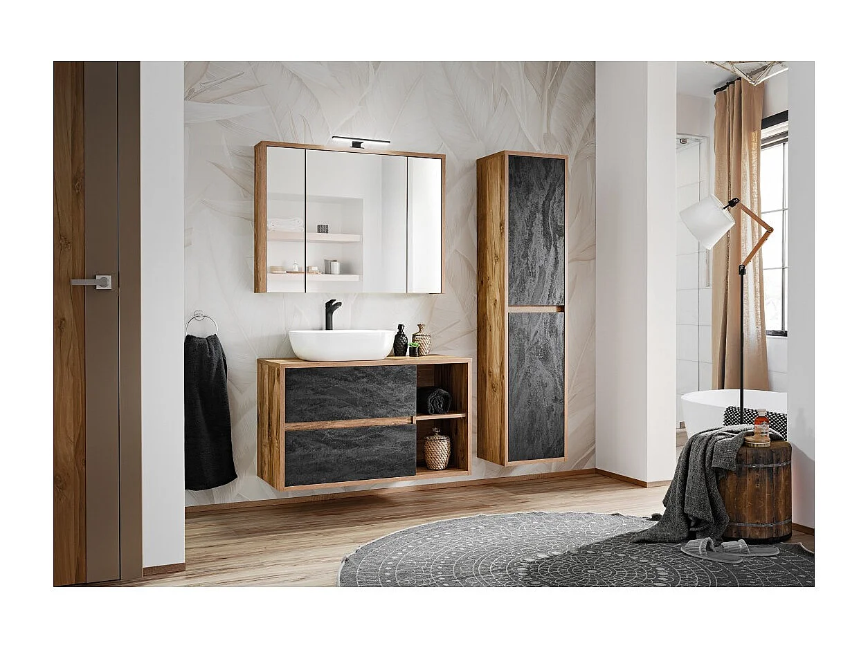 Meuble de rangement GABI 100 cm – 3 portes miroir – Finition ardoise et bois – À suspendre