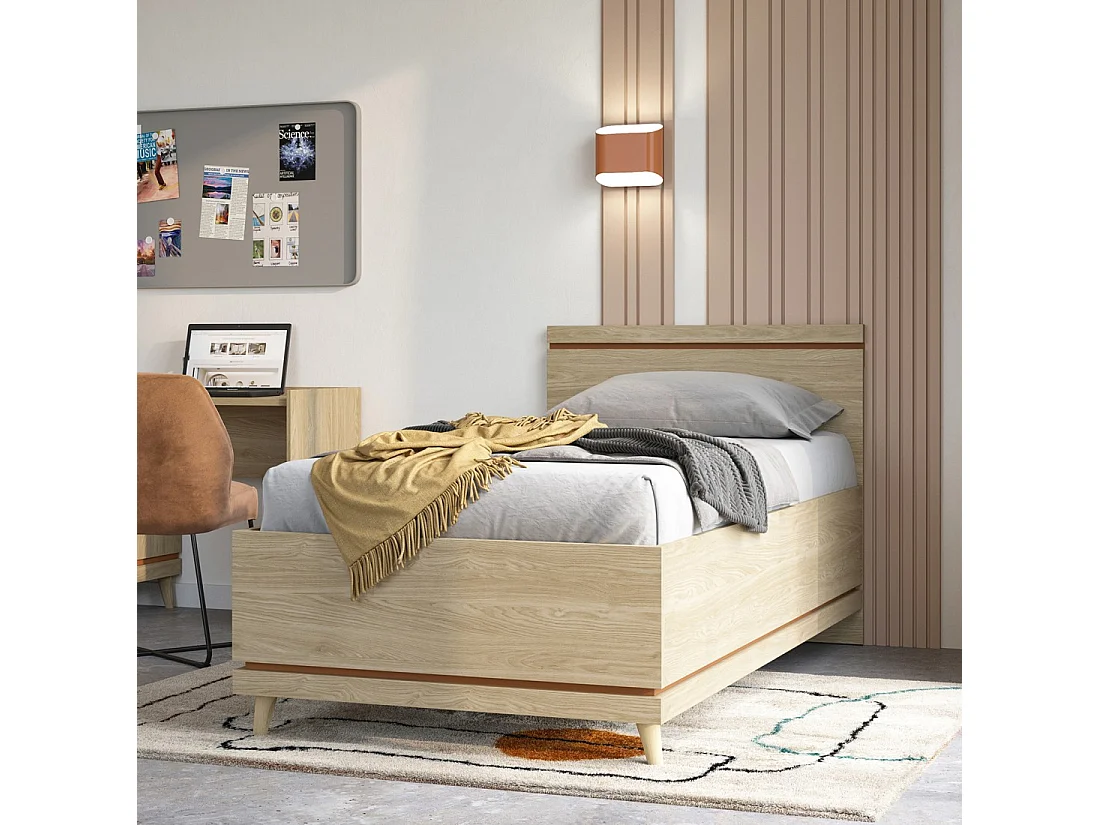 Lit enfant NOKI – 100x200 cm chêne clair et moka – Style scandinave sans sommier