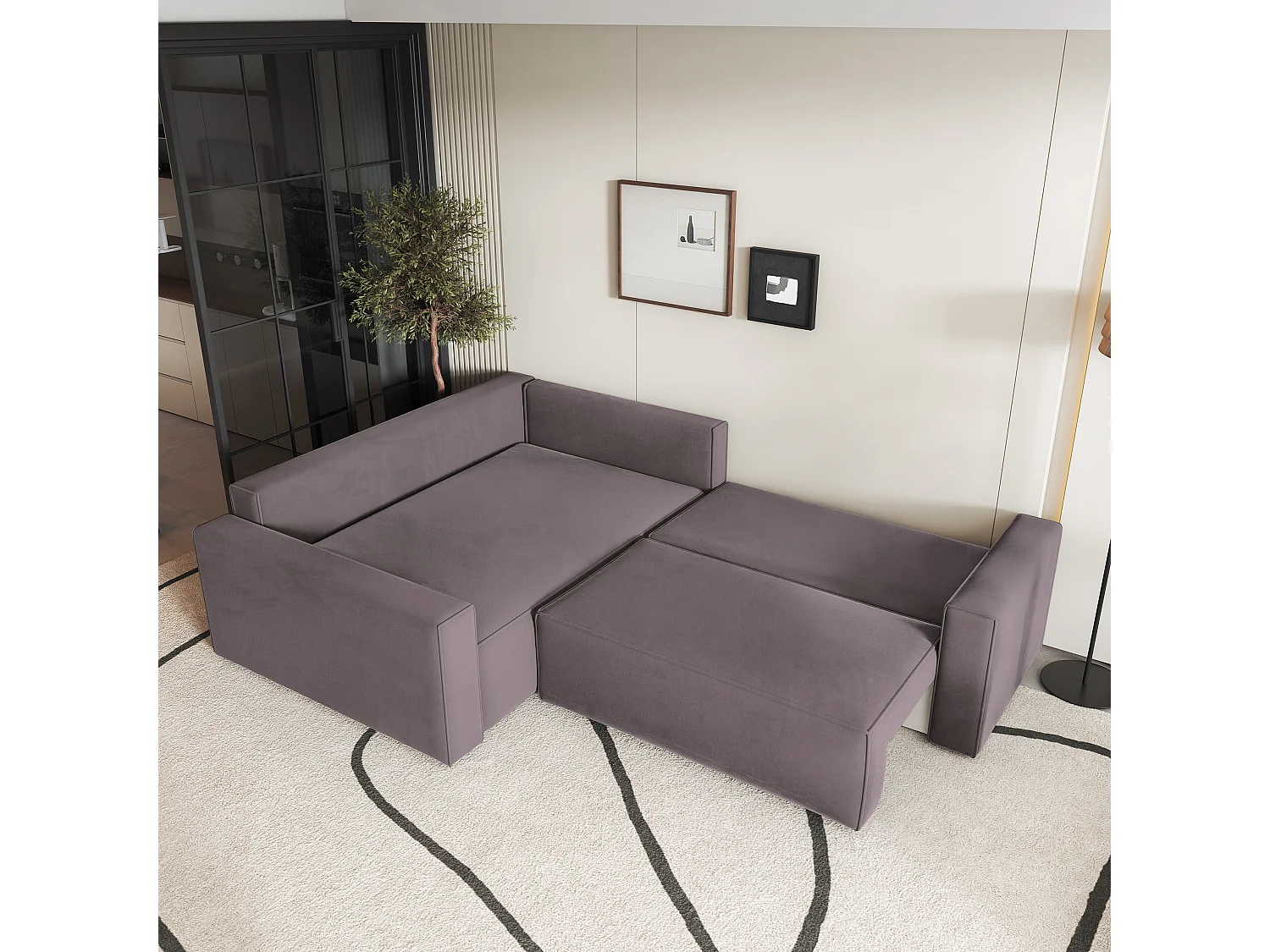 Hoekbank ERONIS van fluweel met slaapfunctie Lila