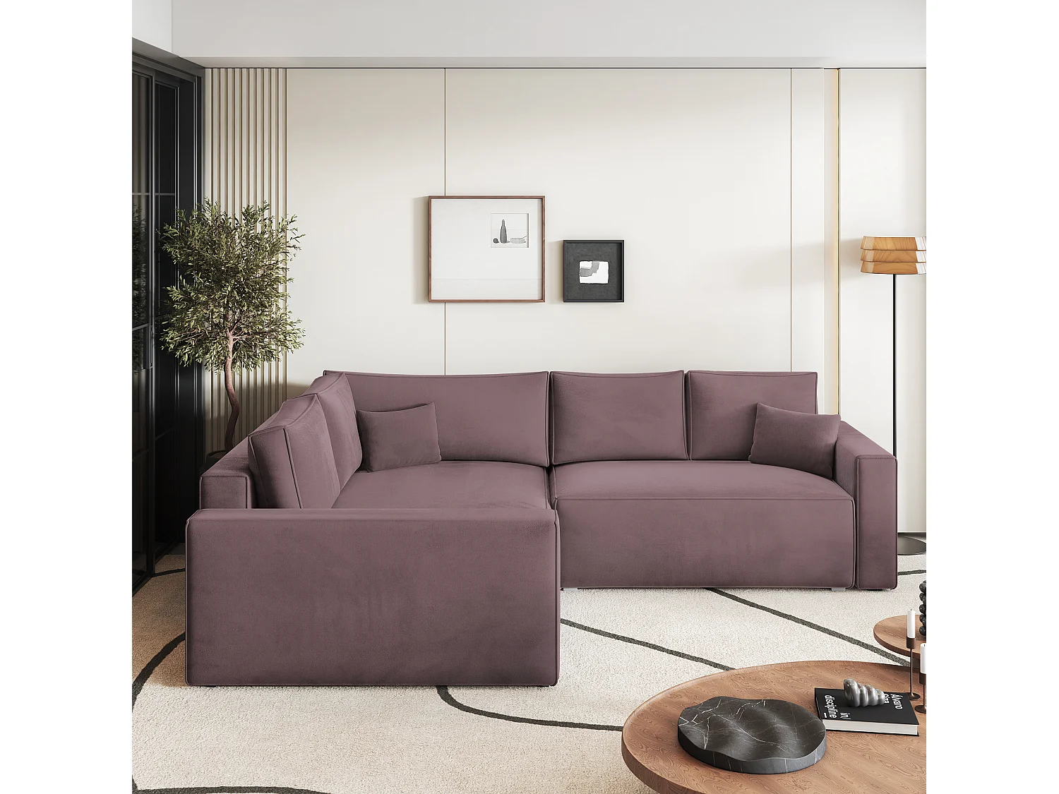 Hoekbank ERONIS van fluweel met slaapfunctie Lila