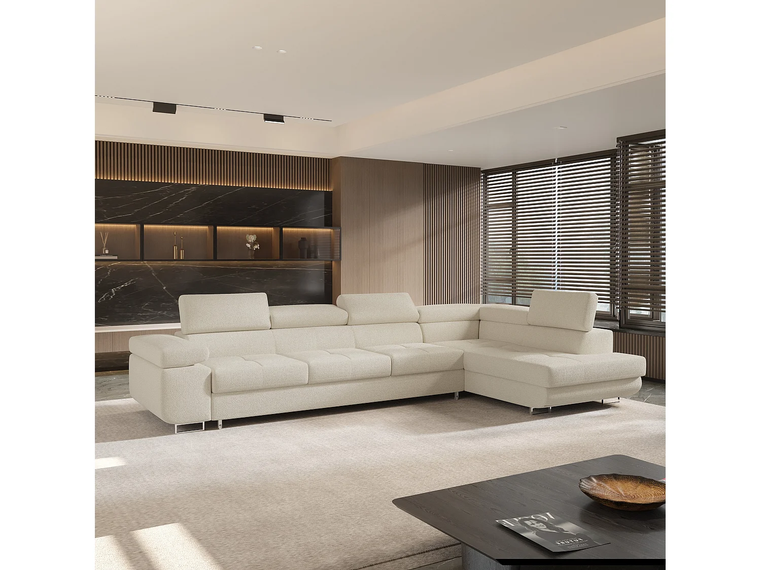 Hoekbank VICENTE van fluweel met slaapfunctie Creme