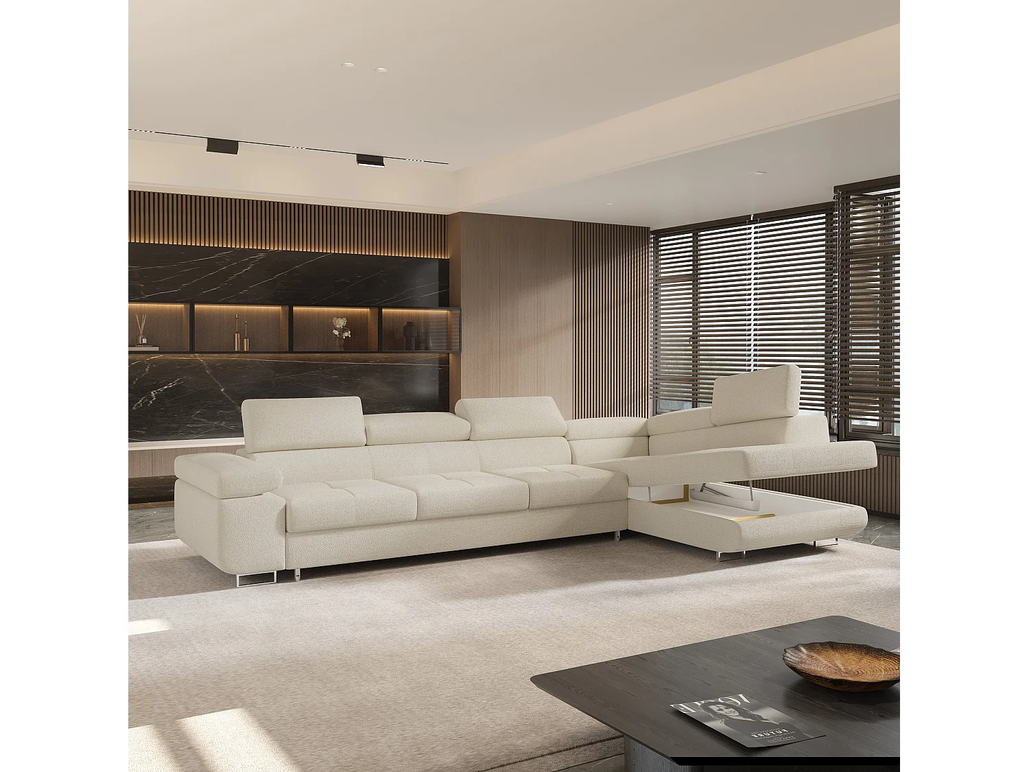 Hoekbank VICENTE van fluweel met slaapfunctie Creme