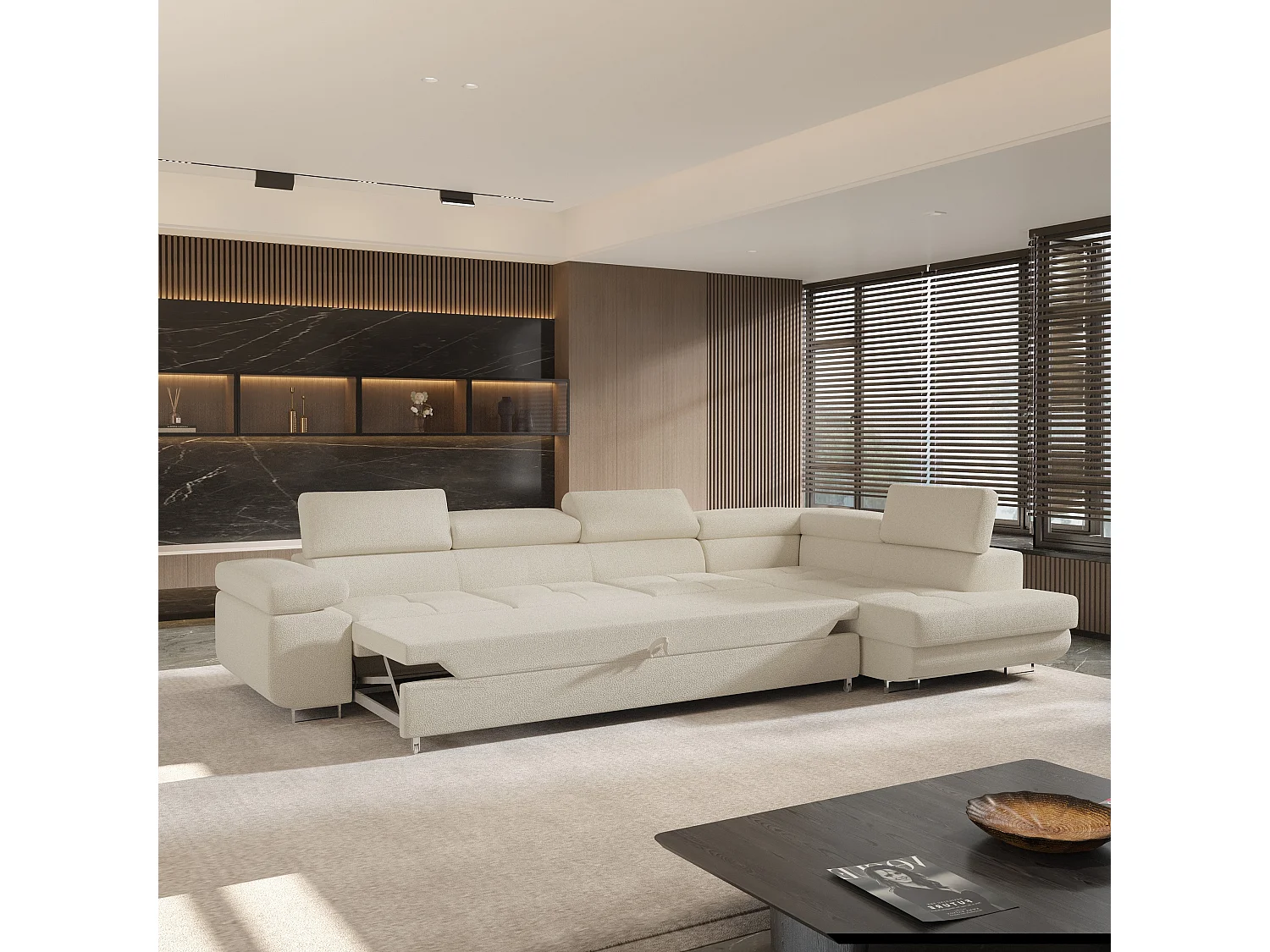 Hoekbank VICENTE van fluweel met slaapfunctie Creme