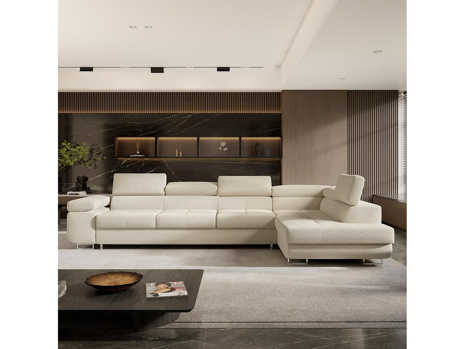 Hoekbank VICENTE van fluweel met slaapfunctie Creme