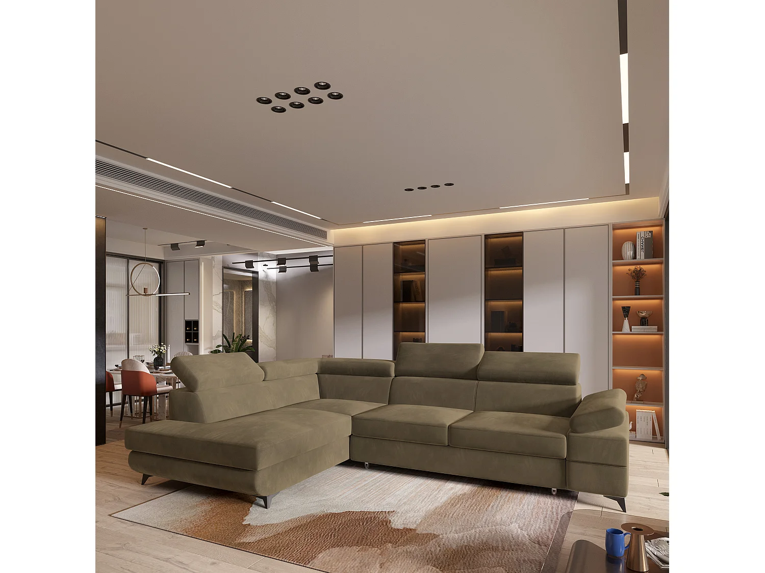 Hoekbank FAVIEN van fluweel met slaapfunctie Beige