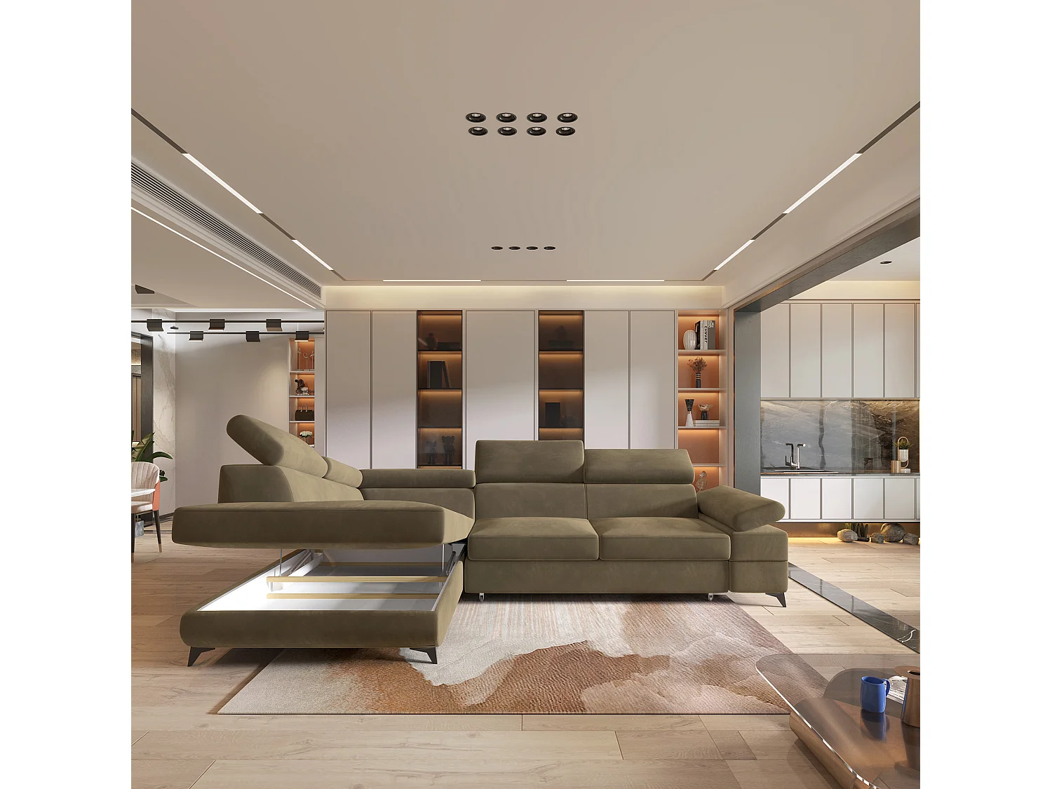 Hoekbank FAVIEN van fluweel met slaapfunctie Beige