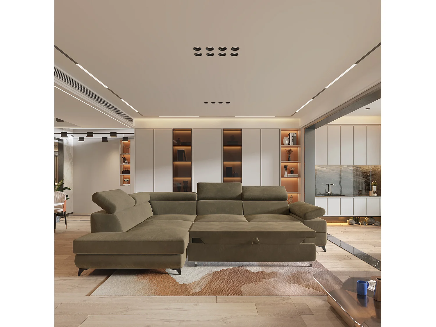 Hoekbank FAVIEN van fluweel met slaapfunctie Beige