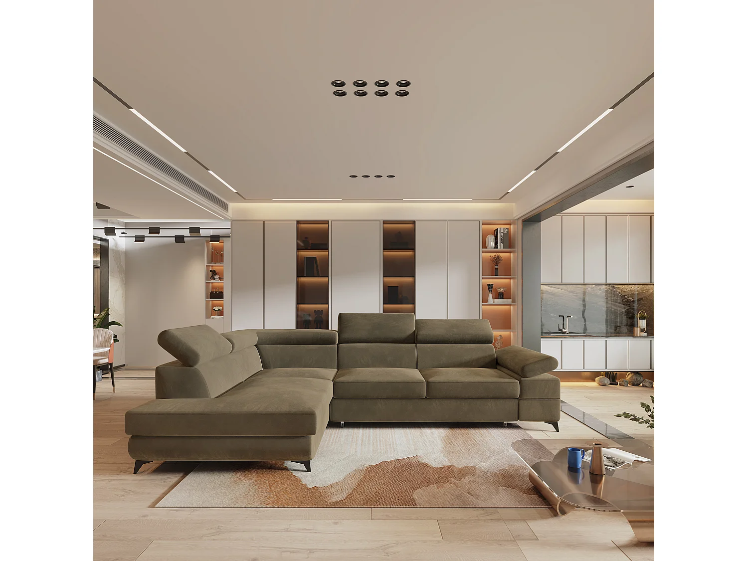 Hoekbank FAVIEN van fluweel met slaapfunctie Beige