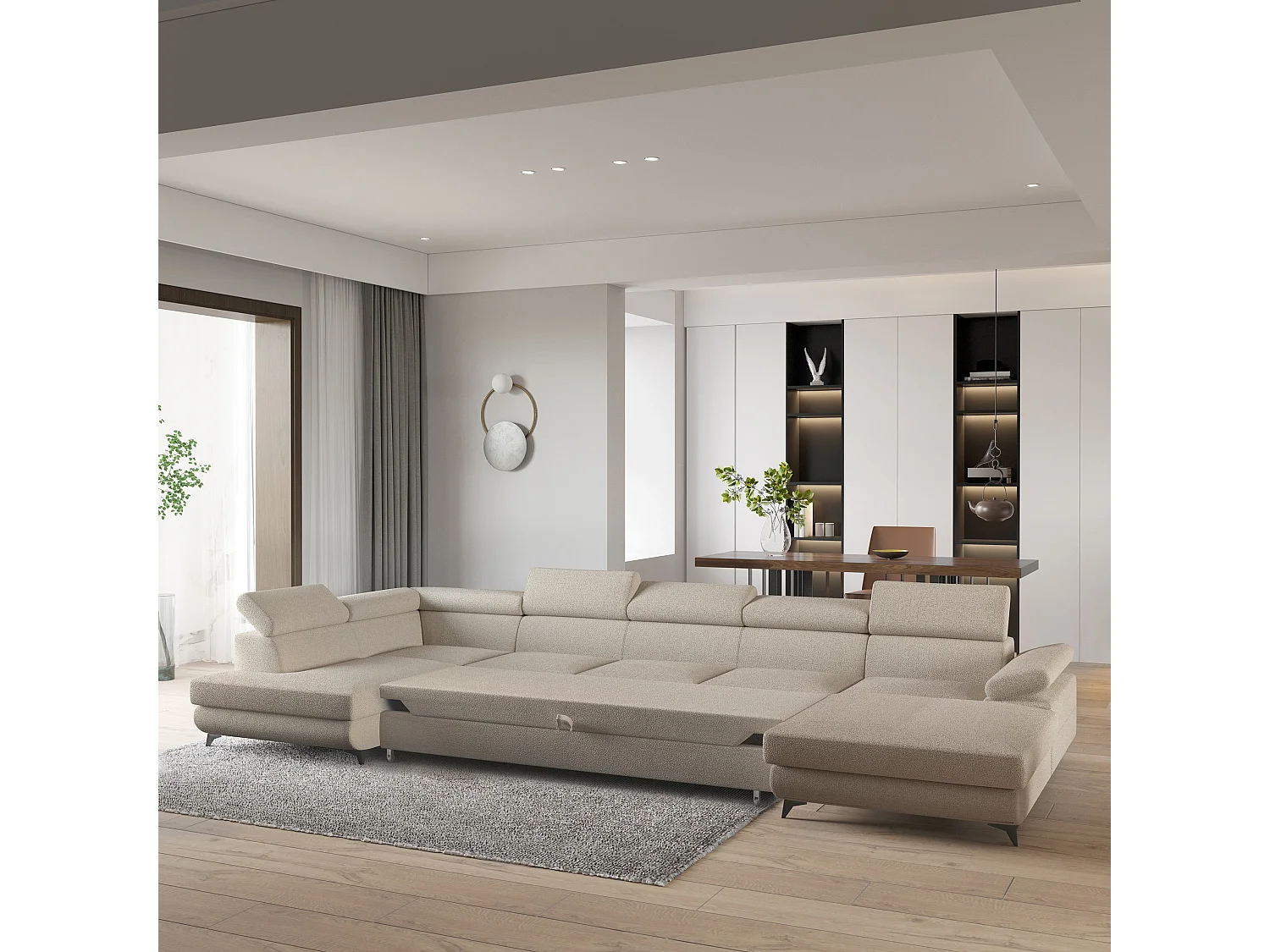 Hoekbank MONTIVA van fluweel met slaapfunctie Beige