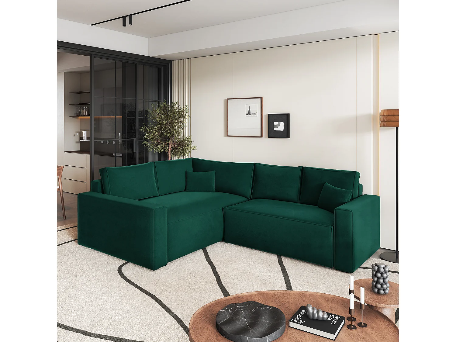 Hoekbank ERONIS van fluweel met slaapfunctie Grün