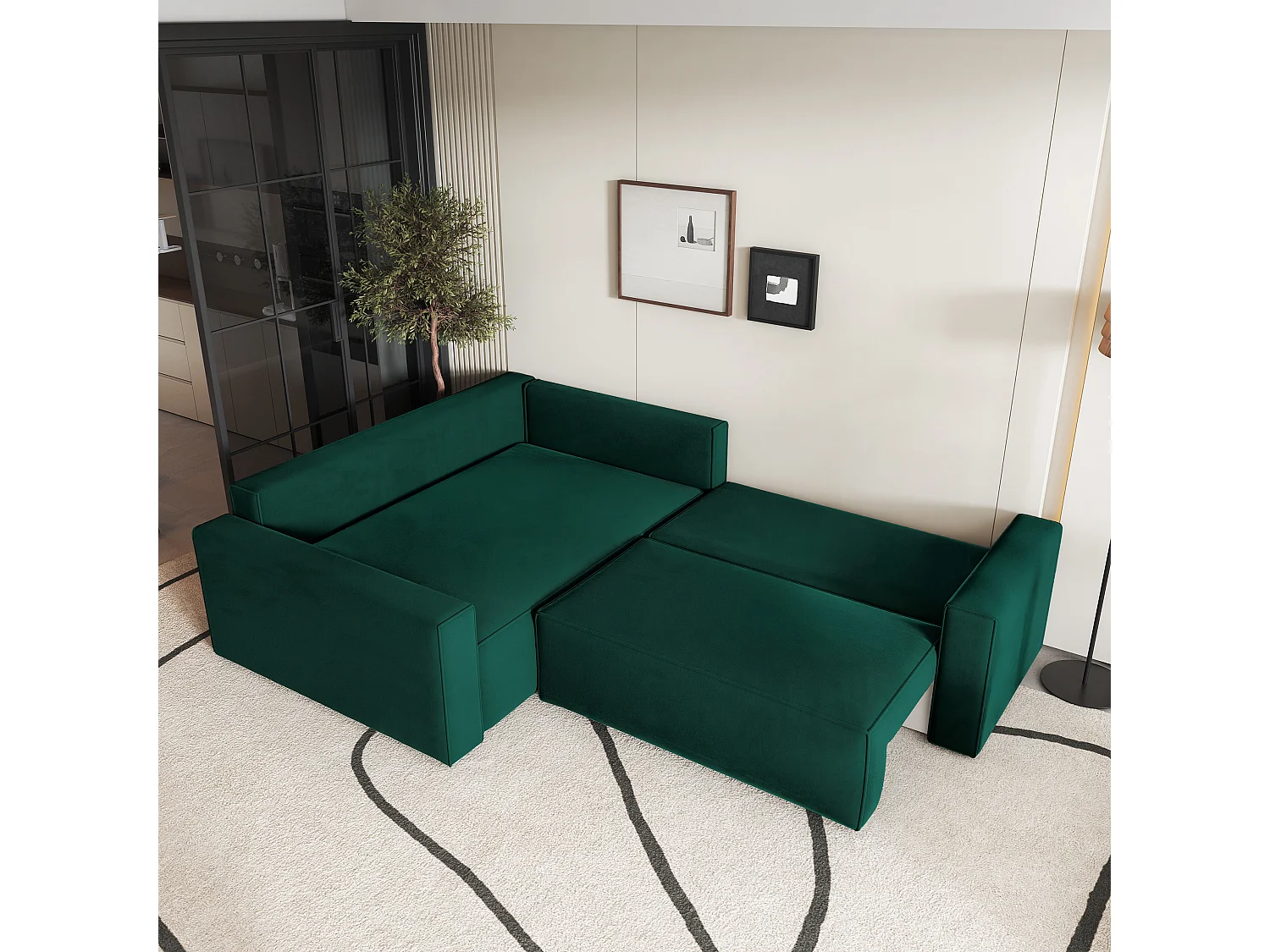 Hoekbank ERONIS van fluweel met slaapfunctie Grün