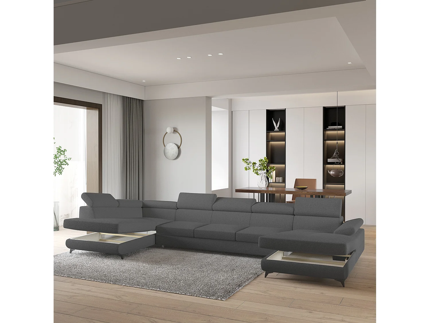 Hoekbank MONTIVA van fluweel met slaapfunctie Grau