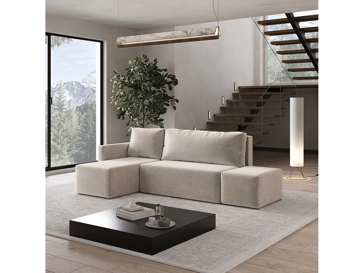 Hoekbank VELOTTI van fluweel met slaapfunctie Beige