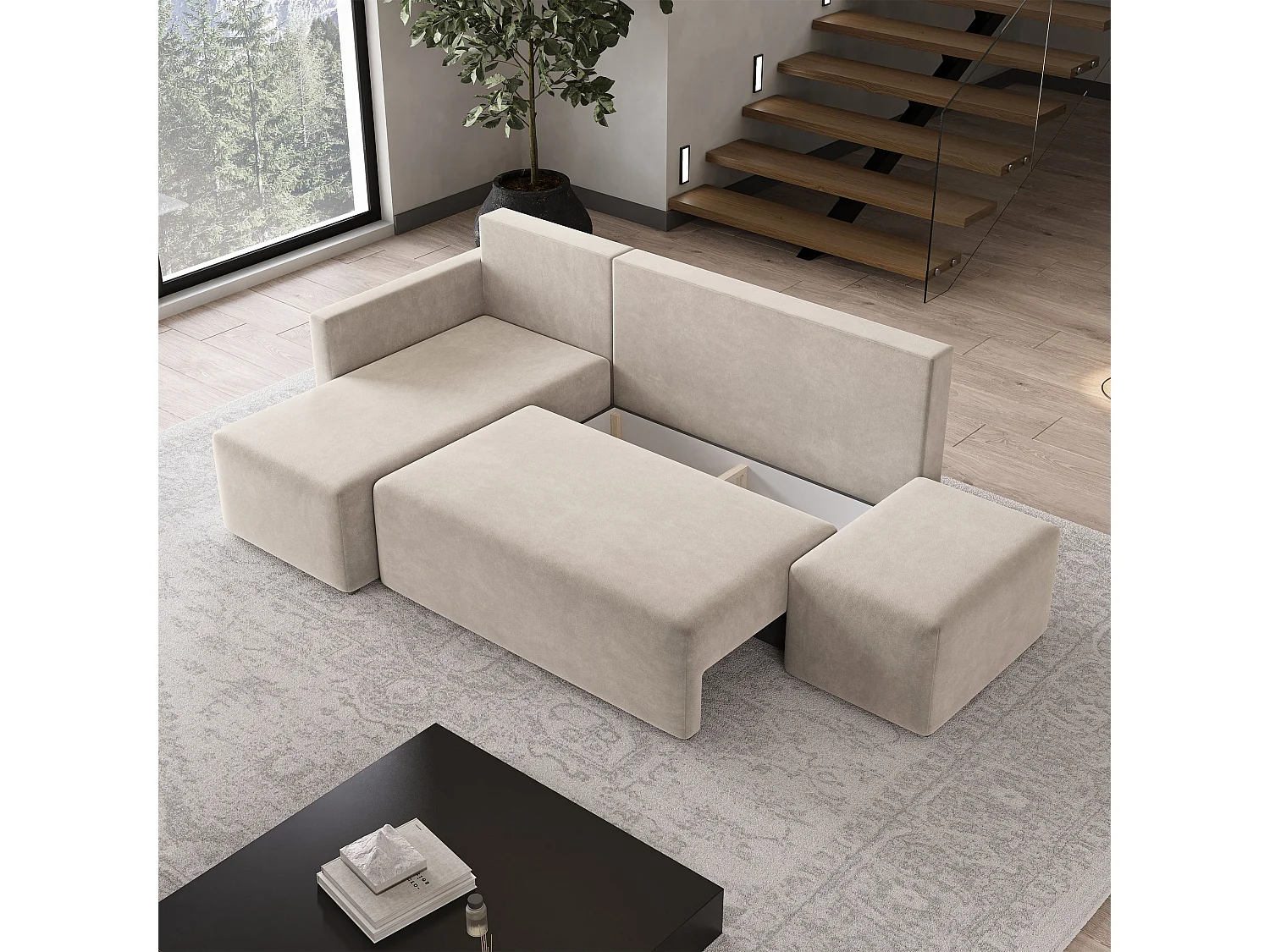 Hoekbank VELOTTI van fluweel met slaapfunctie Beige