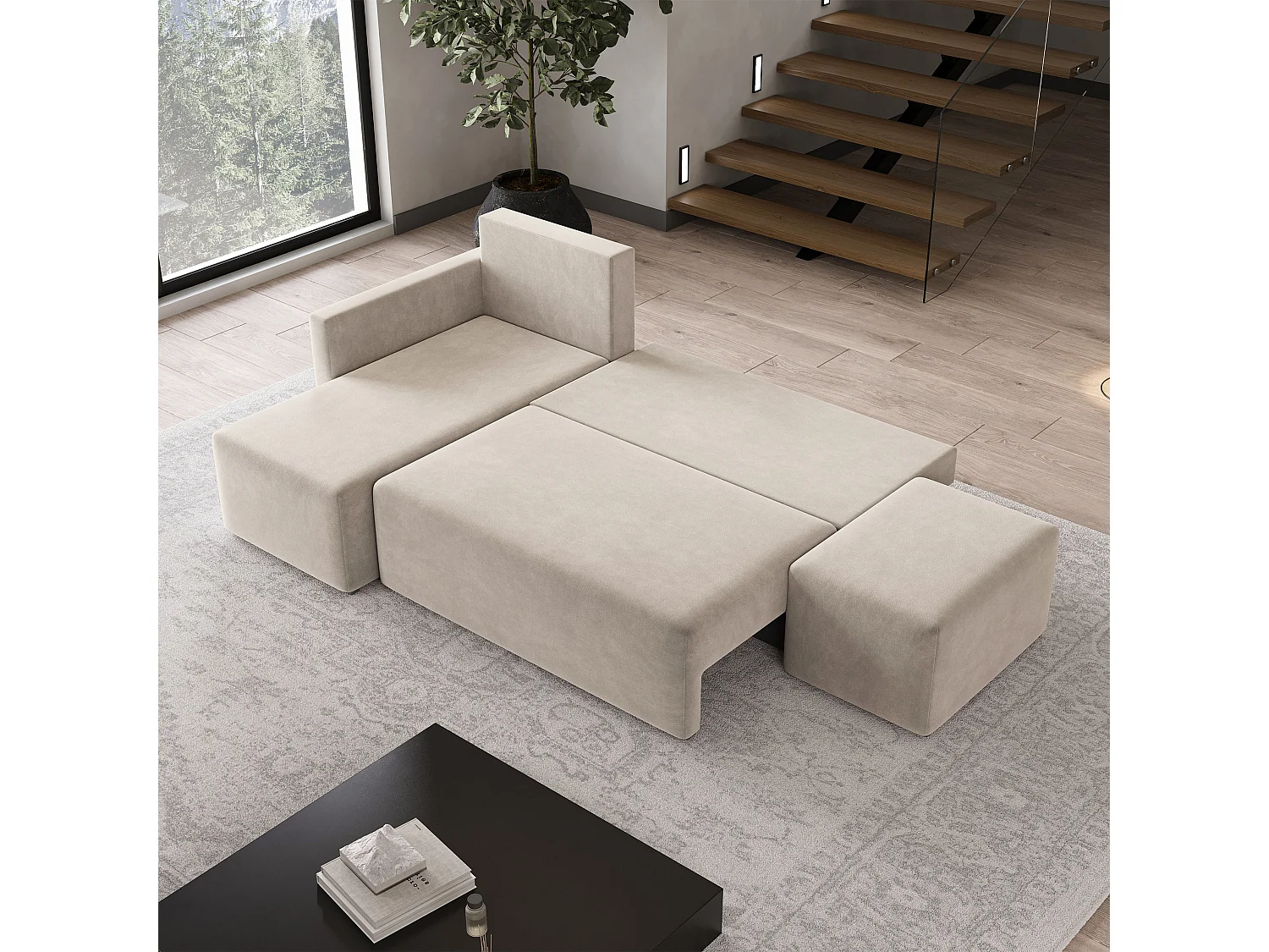 Hoekbank VELOTTI van fluweel met slaapfunctie Beige