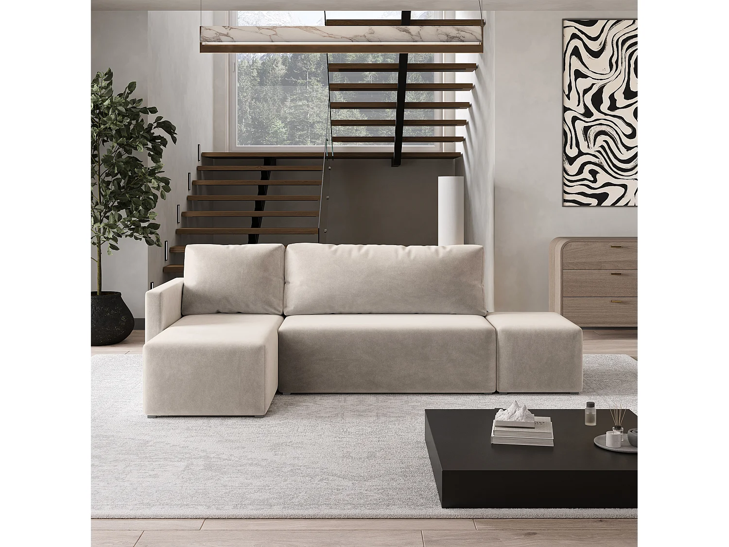 Hoekbank VELOTTI van fluweel met slaapfunctie Beige