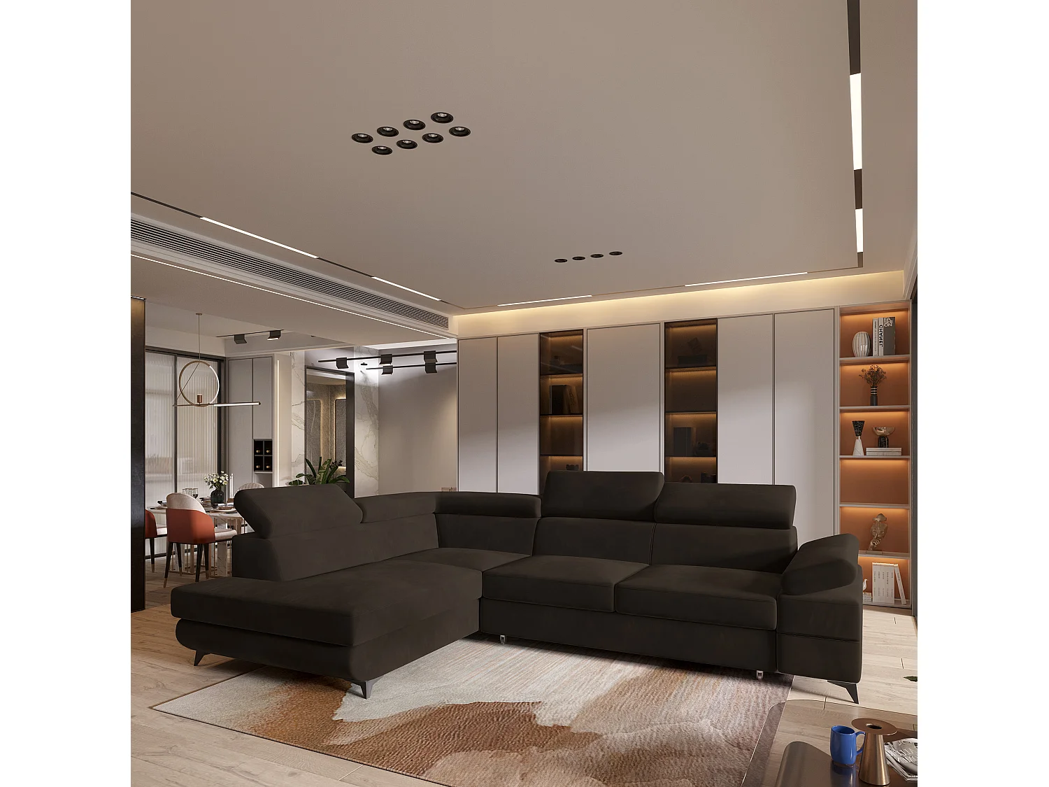 Hoekbank FAVIEN van fluweel met slaapfunctie Braun