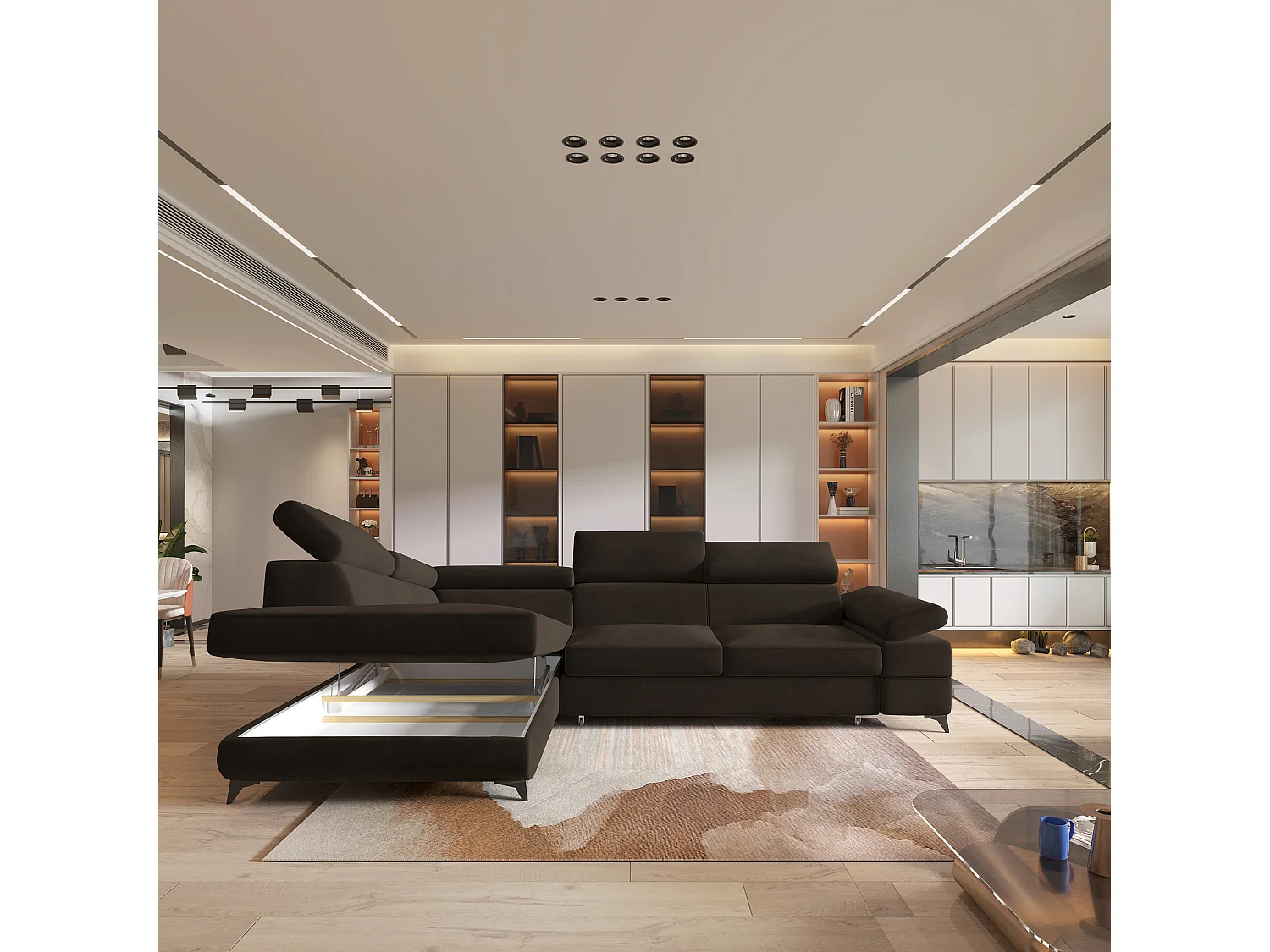 Hoekbank FAVIEN van fluweel met slaapfunctie Braun