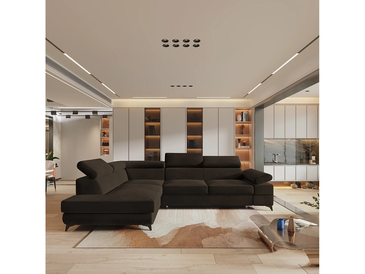 Hoekbank FAVIEN van fluweel met slaapfunctie Braun