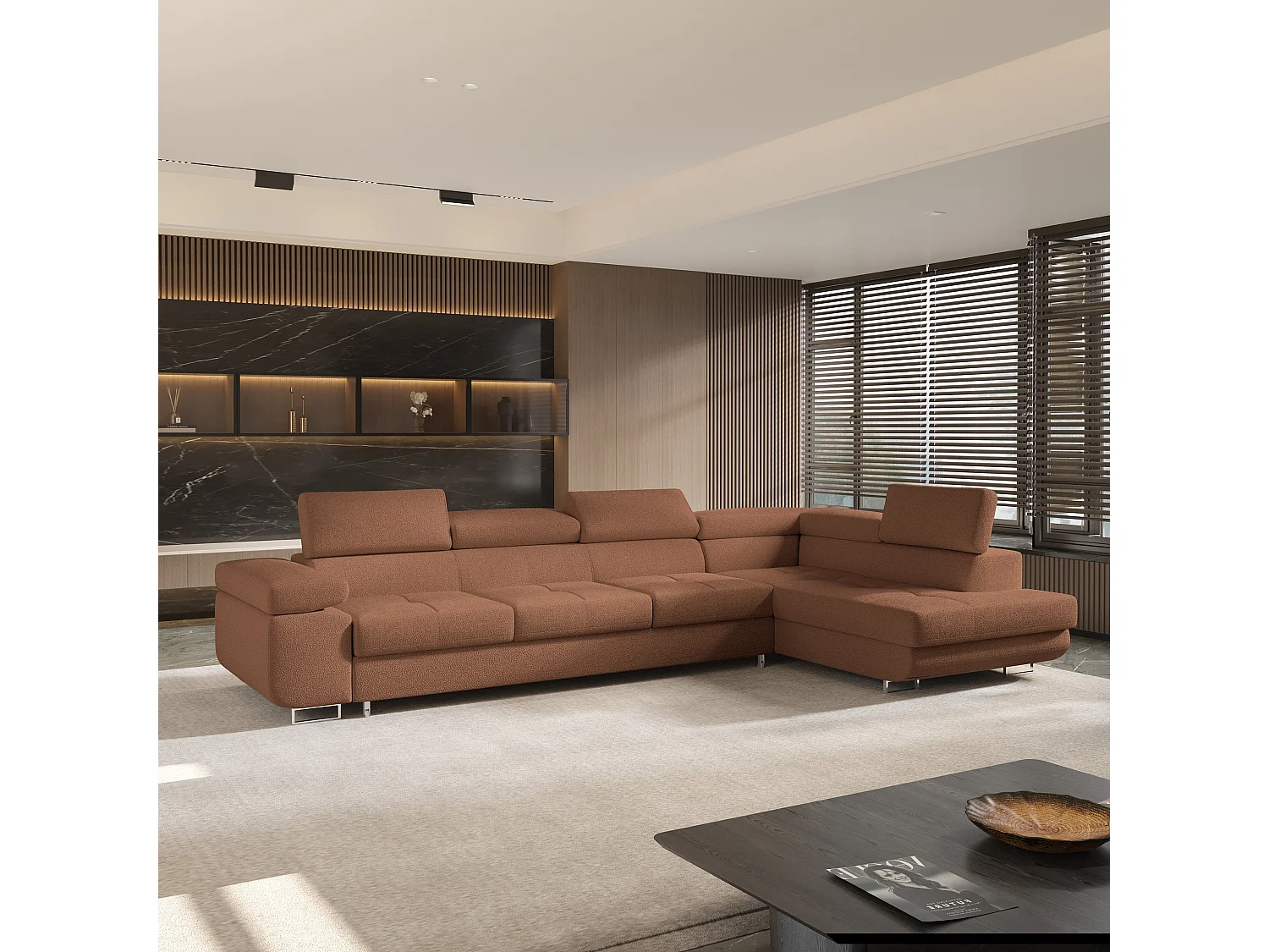 Hoekbank VICENTE van fluweel met slaapfunctie Orange