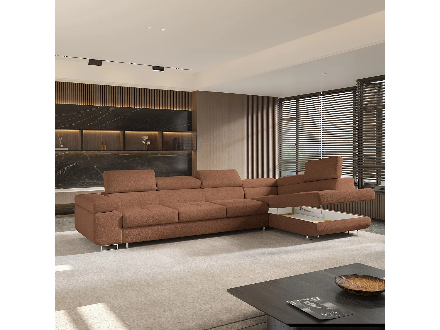 Hoekbank VICENTE van fluweel met slaapfunctie Orange