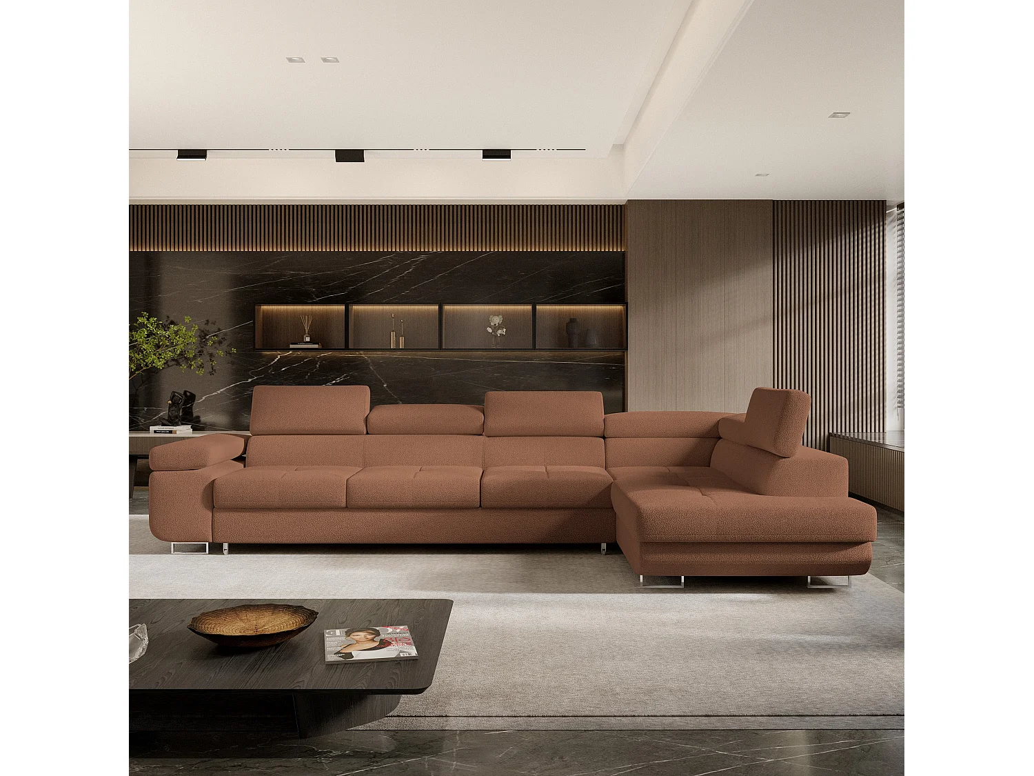 Hoekbank VICENTE van fluweel met slaapfunctie Orange