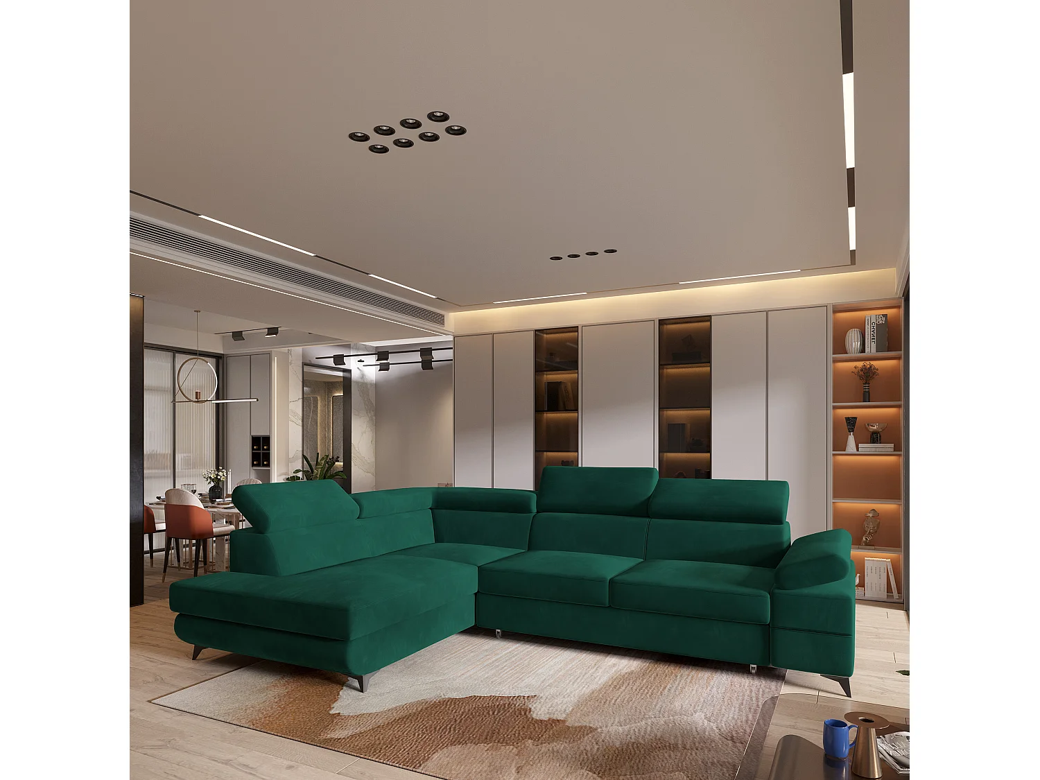 Hoekbank FAVIEN van fluweel met slaapfunctie Grün