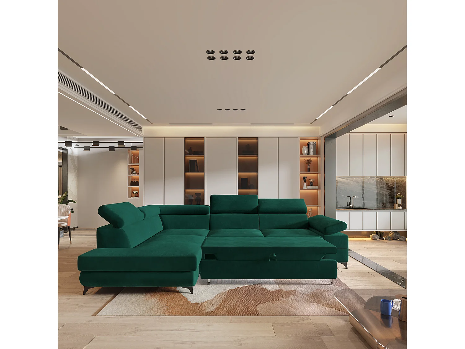 Hoekbank FAVIEN van fluweel met slaapfunctie Grün