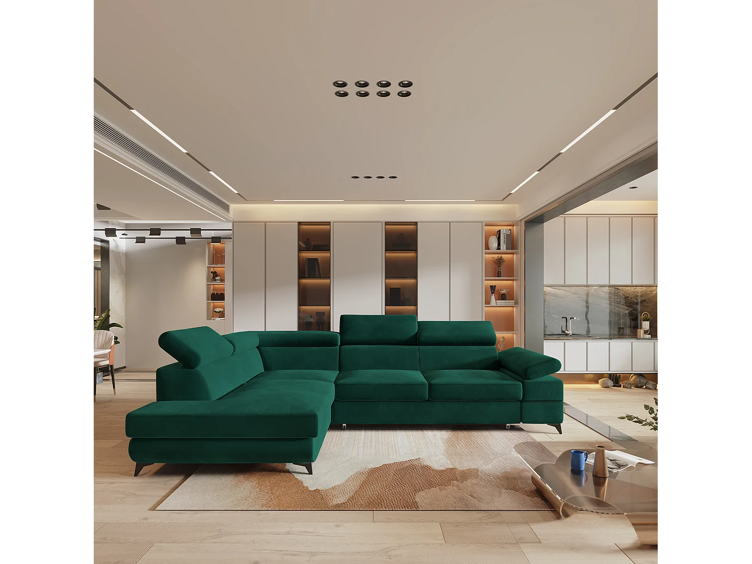 Hoekbank FAVIEN van fluweel met slaapfunctie Grün