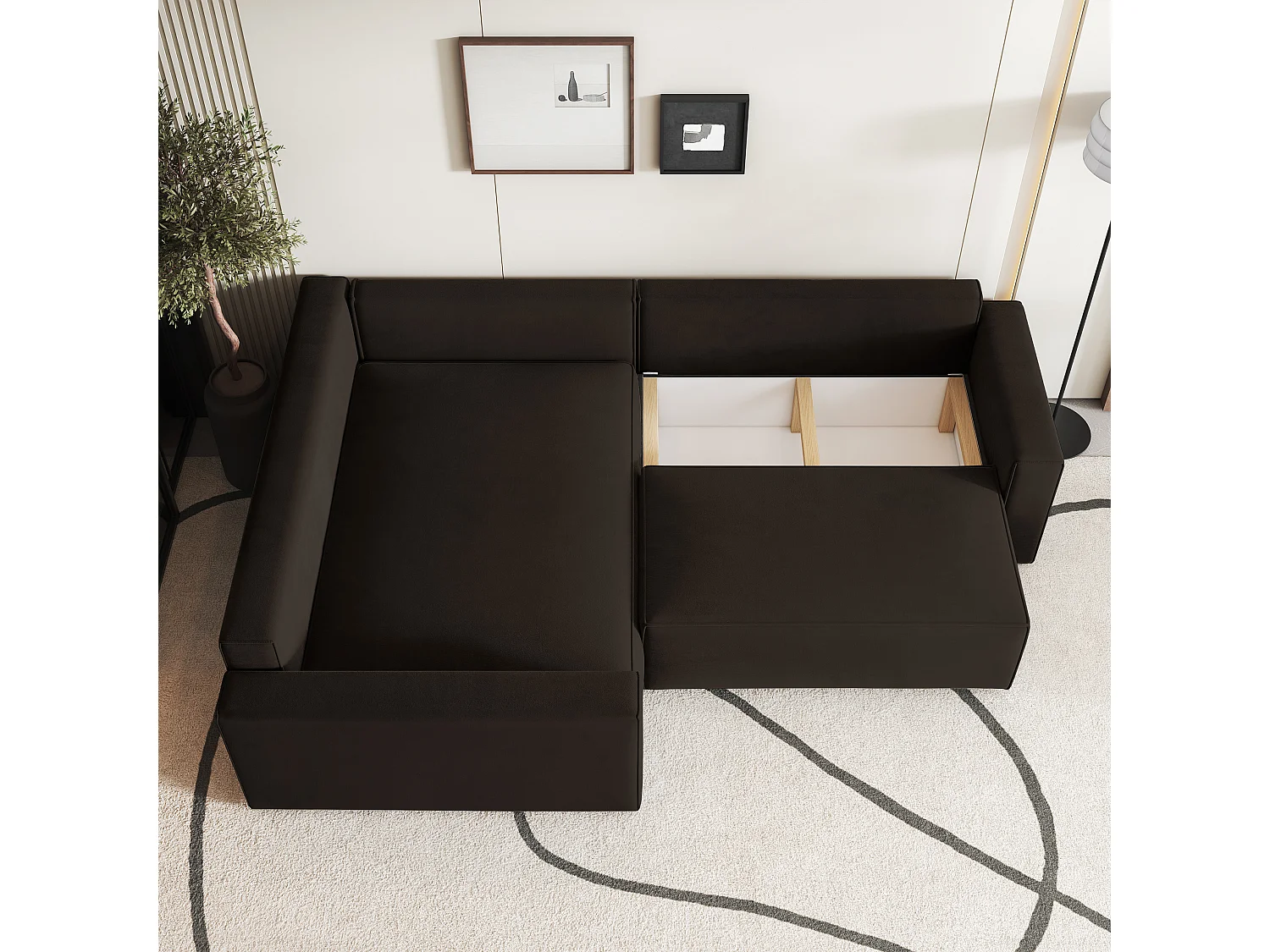 Hoekbank ERONIS van fluweel met slaapfunctie Braun