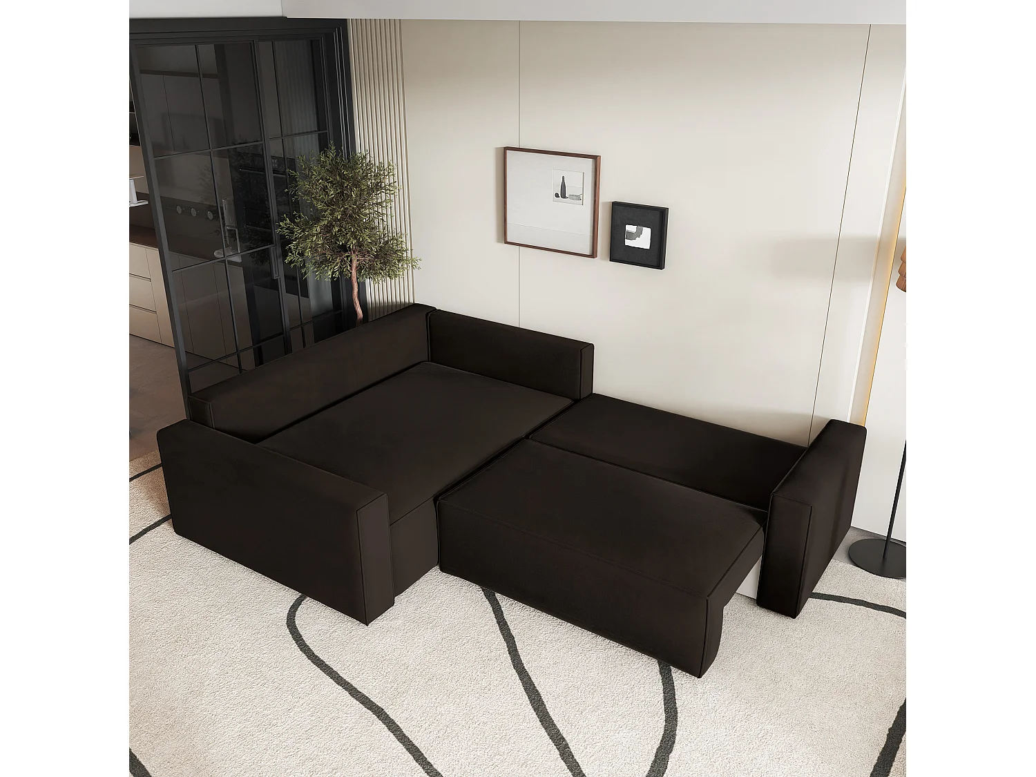 Hoekbank ERONIS van fluweel met slaapfunctie Braun