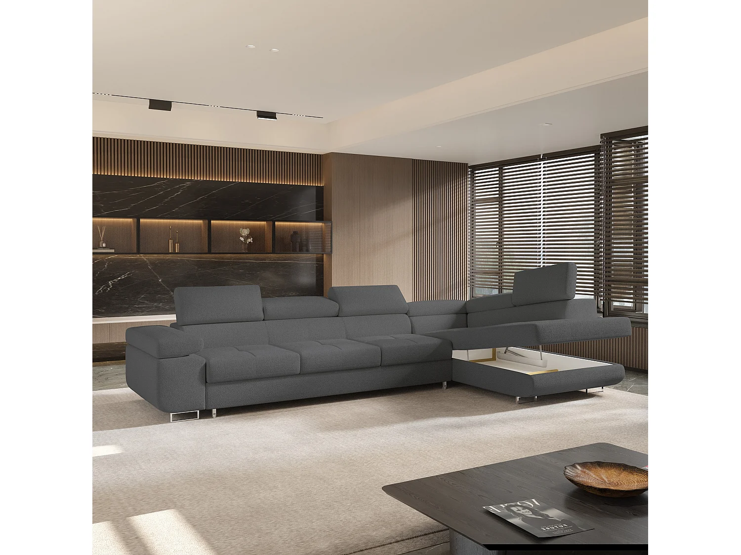 Hoekbank VICENTE van fluweel met slaapfunctie Grau