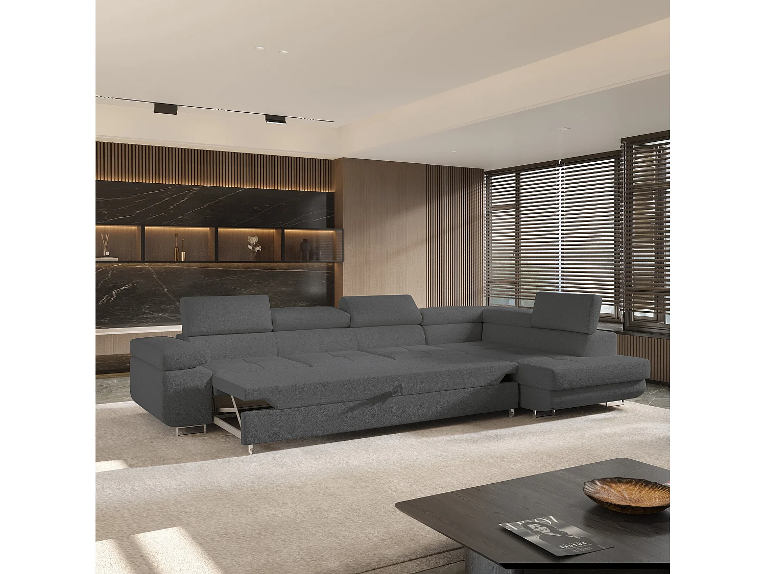 Hoekbank VICENTE van fluweel met slaapfunctie Grau