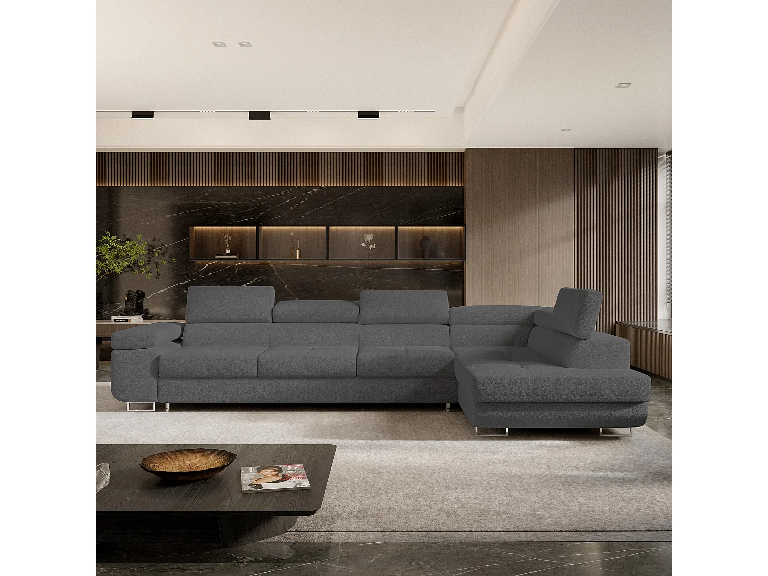 Hoekbank VICENTE van fluweel met slaapfunctie Grau