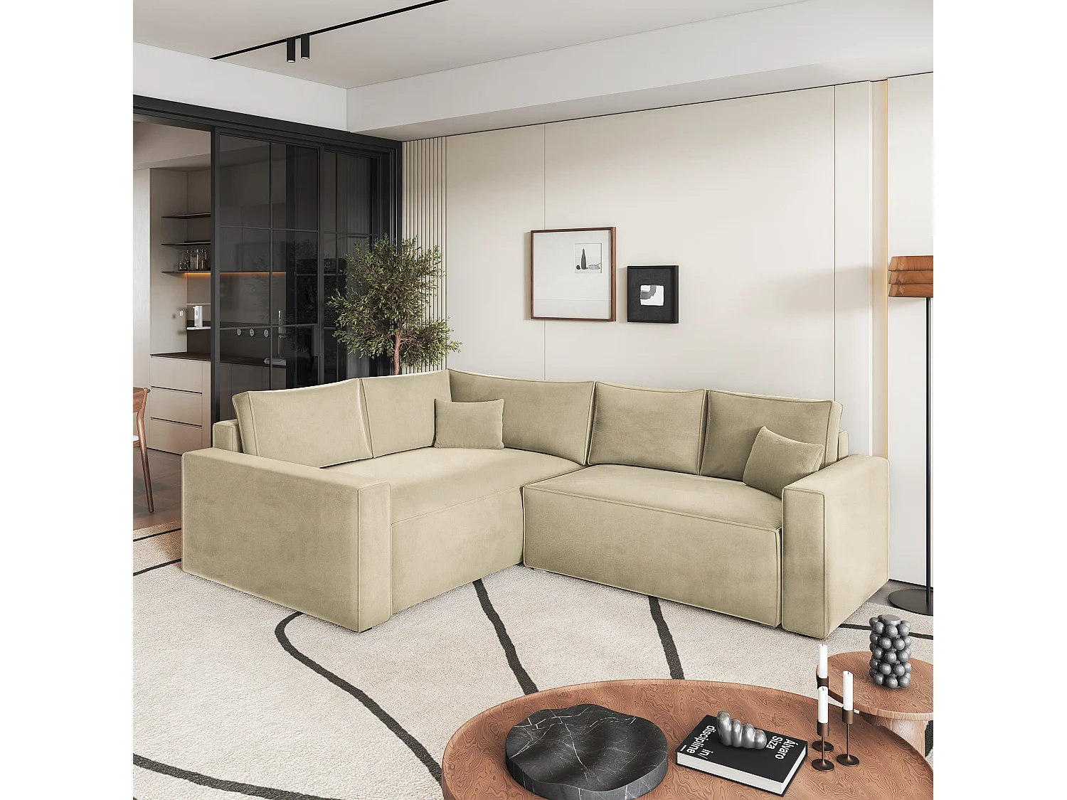 Hoekbank ERONIS van fluweel met slaapfunctie Creme