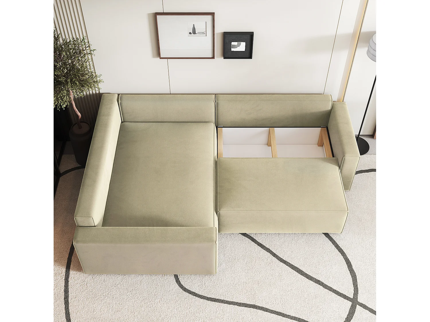 Hoekbank ERONIS van fluweel met slaapfunctie Creme
